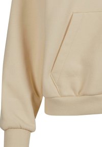 Sweat-shirt beige clair avec ourlet et poignets côtelés. Dispose d'une poche latérale et d'un tissu doux et texturé. Coupe décontractée avec épaules tombantes.