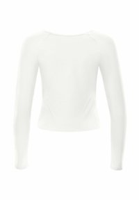 Long-sleeve white top with a fitted design, smooth texture, and rounded neckline, showing a clean, minimalist style and no visible hardware.