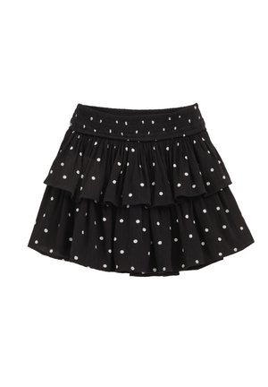 Czarna spódnica warstwowa w białe groszki z elastycznym paskiem w talii, z falbaniastym, warstwowym wzorem.