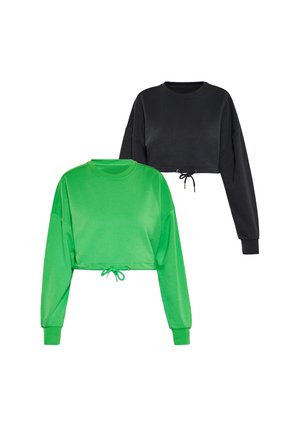 Zwei cropped Langarm-Sweatshirts mit verstellbarem Saum, eines in knallgrün und eines in schwarz, auf weißem Hintergrund dargestellt.