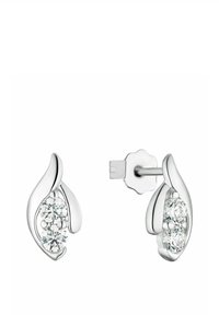 Silverfärgade studörhängen med två runda, klara ädelstenar vardera, med en rundad, bladliknande design och fjärilsklackar.