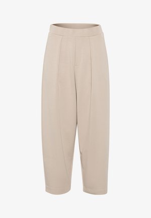 Beige, mid-length trousers made of soft fabric. Features a wide waistband, front pleats, and tapered legs with cuffed hems.