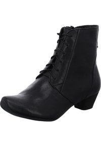 Black ankle boots made of smooth leather, featuring a rounded toe, lace-up design, and a low stacked heel.