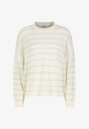 Cream knit sweater with light blue horizontal stripes, long sleeves, and a round neckline.