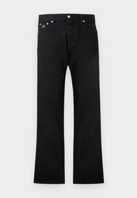 Μαύρο τζιν με ίσια γραμμή, σχέδιο με πέντε τσέπες, κουμπί και φερμουάρ, με διακριτικές ραφές.