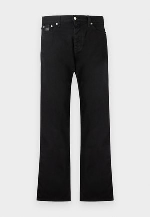 Mustad teksapüksid, millel on sirge lõige, viie taskuga disain, nööp- ja luku esiosa ning peened õmblused.