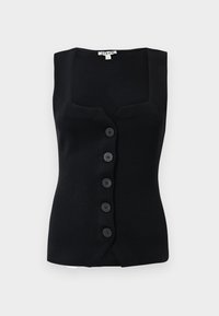 Mustat ribbimäiset hihattomat paidat, joissa on neliön muotoinen kaula-aukko, viisi pyöreää nappia edessä ja tiukka siluetti.