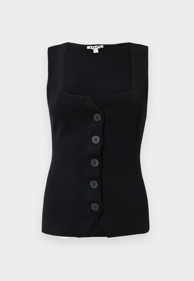 Black ribbed sleeveless top featuring a square neckline, five round buttons down the front, and a fitted silhouette.