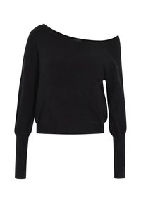 Pulover negru, cu umerii descoperiți, cu mâneci lungi, ușor bufante, realizat dintr-un material tricotat moale. Prezintă o croială lejeră și o margine ribonată.