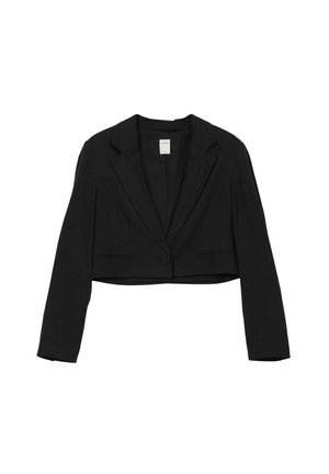 Blazer corto nero con maniche lunghe, revers a punta, chiusura con un solo bottone e dettagli laterali discreti. Tessuto dalla texture liscia.