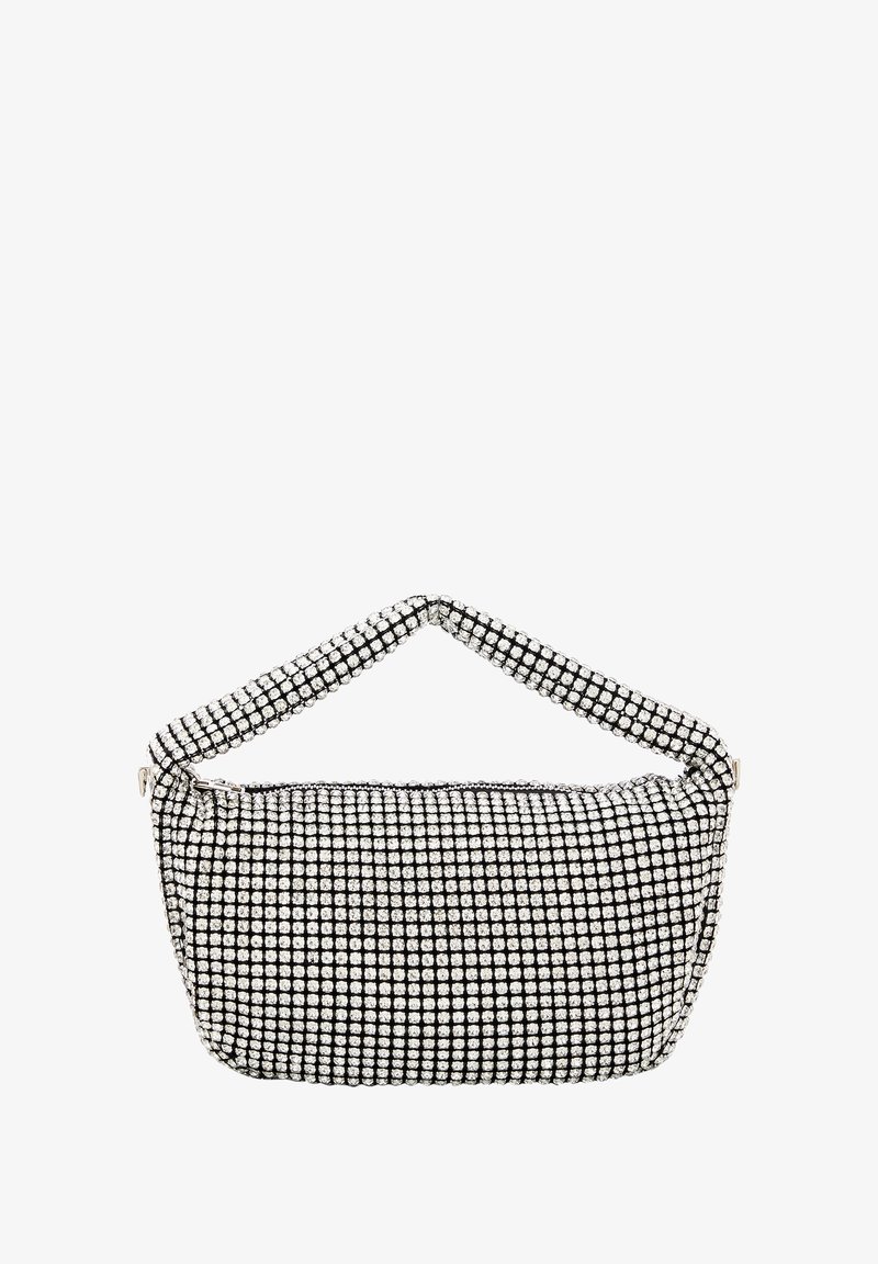 Sac à main noir et argent avec une forme structurée, recouvert de petits clous brillants, avec une poignée rembourrée et une fermeture éclair.