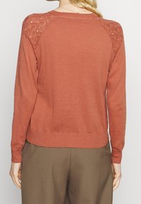 Svetr v rezavé barvě s dlouhými rukávy, se strukturou pleteniny a krajkovými akcenty na rameni a zádech. Uvolněný střih.