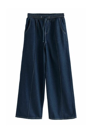 Breda mörka denimbyxor med vida ben, elastisk midja, dragsko och framfickor. Har kontrasterande sömmar längs sömmarna.