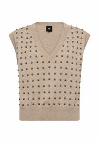 Bézs színű, ujjatlan pulóver V-nyakkal, amelyet fémes szegecsek texturált mintázata díszít, egyenletesen elosztva az elején. Puha kötött anyagból készült.