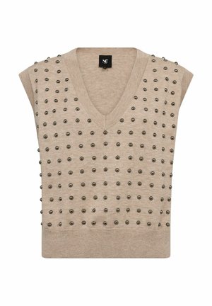 Beežika värvi varrukateta kampsun V-kaelusega, millel on ees ühtlaselt jaotatud metallist naelte tekstuuriga muster. Pehme kudummaterjal.