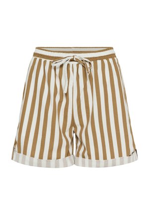 Pantaloni scurți cu dungi, cu un model maro și alb, confecționați din bumbac, având talie elastică și șnur pentru ajustarea potrivirii.