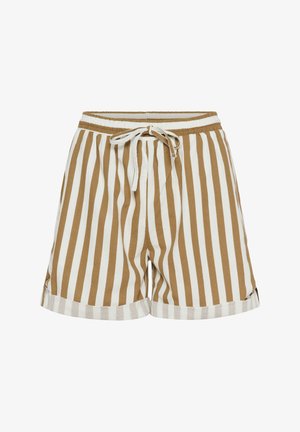 Pantaloni scurți cu dungi, cu un model maro și alb, confecționați din bumbac, având talie elastică și șnur pentru ajustarea potrivirii.