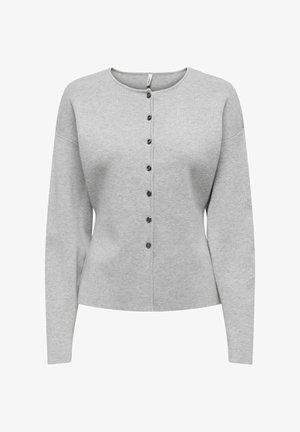 Grauer Cardigan mit rundem Ausschnitt, langen Ärmeln und Knopfverschluss mit fünf schwarzen Knöpfen entlang der Vorderseite. Glatte Textur.