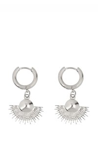 Silver hoop earrings with a central spherical accent and radiating wire elements, featuring a polished finish and geometric design.