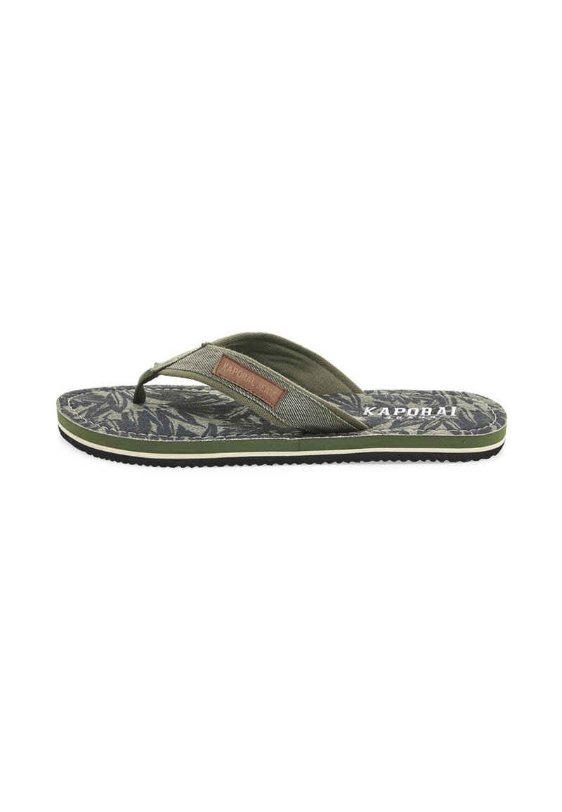 Green flip-flop with a fabric strap, patterned footbed featuring leaf motifs, and a black rubber sole with a contrasting green accent.