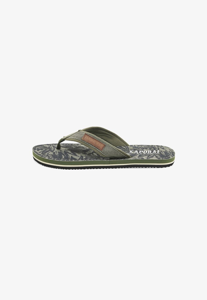 Green flip-flop with a fabric strap, patterned footbed featuring leaf motifs, and a black rubber sole with a contrasting green accent.