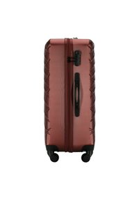 Harde koffer in metallic rozenkleur, met zwarte wielen, een ritssluiting, een gestructureerde oppervlakte en een decoratief diamantpatroon aan de zijkant.