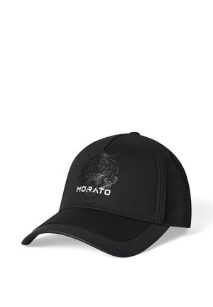 Zwarte honkbalpet met een glanzend tijgergezicht en het woord "MORATO" gedrukt op de voorkant, gebogen klep en gestikte panelen.