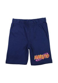 Shorts en coton bleu marine avec une ceinture élastique et un motif "NARUTO" en orange et rose en bas à droite. Design doux et décontracté.