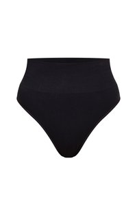 Hochgeschnittene schwarze Unterwäsche aus glattem Stoff, mit nahtlosem Design und einer dezenten matten Textur im gesamten Bereich.