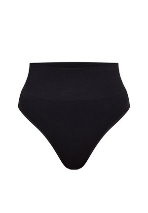 Pantalones interiores negros de cintura alta hechos de una tela suave, con un diseño sin costuras y una sutil textura mate en toda su superficie.