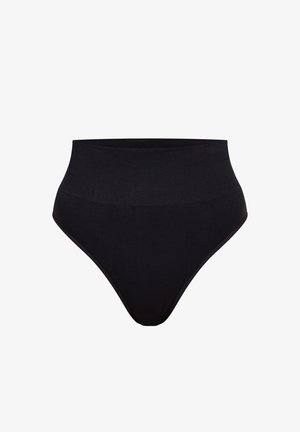 Pantalones interiores negros de cintura alta hechos de una tela suave, con un diseño sin costuras y una sutil textura mate en toda su superficie.