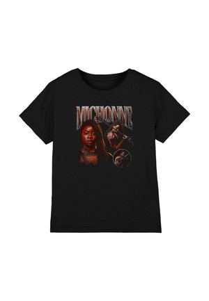 Black t-shirt with graphic of Michonne from The Walking Dead holding a katana, including three different character portraits and text "MICHONNE".