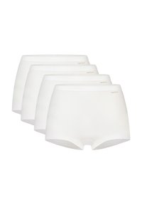 Witte katoenen trunkslips, gepresenteerd in een verpakking van vier. Ze hebben een gladde textuur en een comfortabele tailleband met subtiele merknamen.