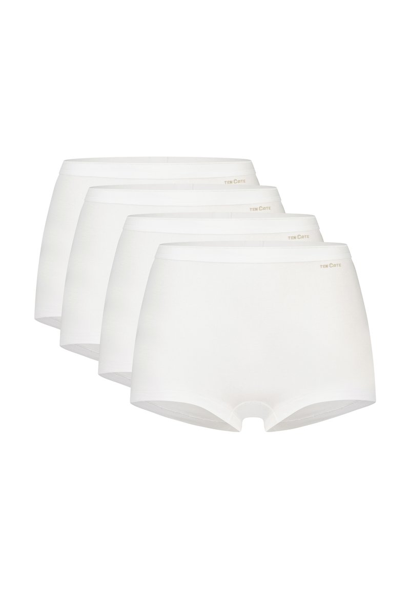 Witte katoenen trunkslips, gepresenteerd in een verpakking van vier. Ze hebben een gladde textuur en een comfortabele tailleband met subtiele merknamen.