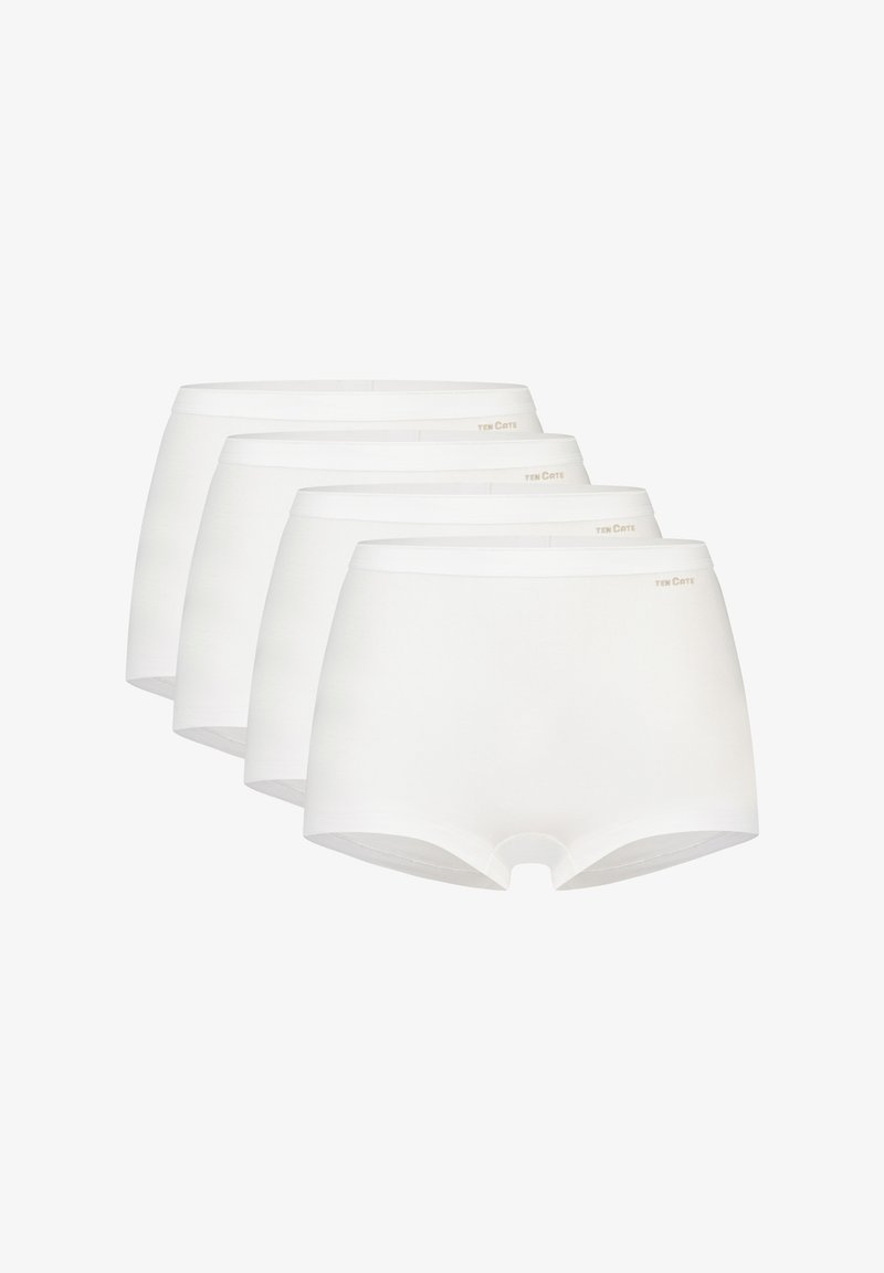 Witte katoenen trunkslips, gepresenteerd in een verpakking van vier. Ze hebben een gladde textuur en een comfortabele tailleband met subtiele merknamen.