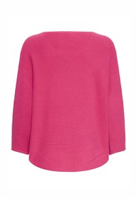 Rózsaszín pulóver széles nyakkivágással és háromnegyedes ujjakkal. Kötött bordázott textúrájú anyag, egyenes szabás és enyhén ívelt szegély.