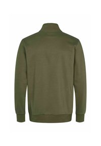 Sweat-shirt uni vert olive à manches longues avec poignets, ourlet et col montant côtelés, vu de dos.