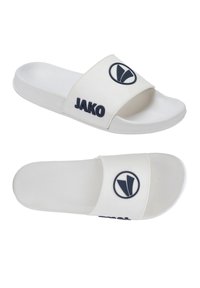 Infradito bianchi realizzati in materiale sintetico, con una fascia ampia decorata da un logo circolare e la scritta "JAKO" in blu. Suola piatta.