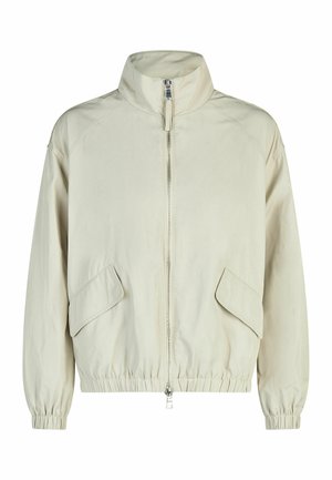 Light beige zip-up jacket with high collar, elastic cuffs and hem, and two front flap pockets.