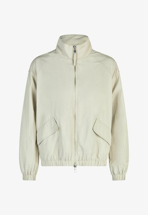 Light beige zip-up jacket with high collar, elastic cuffs and hem, and two front flap pockets.
