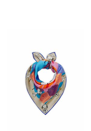 Square silk scarf with colorful beach umbrellas and Snoopy cartoon characters on a beige background, tied in a knot.