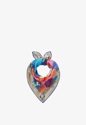 Vierkante zijden sjaal met kleurrijke strandparasols en Snoopy tekenfilmfiguren op een beige achtergrond, vastgeknoopt.