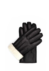 Schwarze Lederhandschuhe mit einem weißen Schafslederbund, ausgestattet mit einer glatten Textur, fünf Fingern und dezenten Nähdetails.