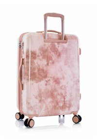 Valigia rigida con motivo marmorizzato rosa, manico retrattile, ruote girevoli doppie e chiusura con zip per un facile trasporto.
