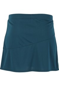 Teal skorts lavet af letvægtsstof med en glat tekstur. Har en vandret søm og et svungent design ved kanten.