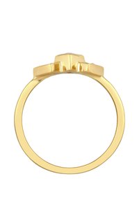 Guldring med en slät, rund band och en fyrkantig, platt toppdesign. Ytan är glänsande med en polerad finish som visar på minimal detaljering.