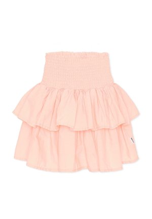 Jupe rose clair à volants superposés avec une taille élastique smockée et deux couches de volants froncés, vue à plat sur fond blanc.