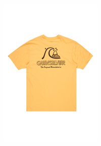 Yellow cotton t-shirt featuring a black graphic logo with a wave and mountain design. The back displays "QUIKSILVER" and "The Original Boardshorts Co."