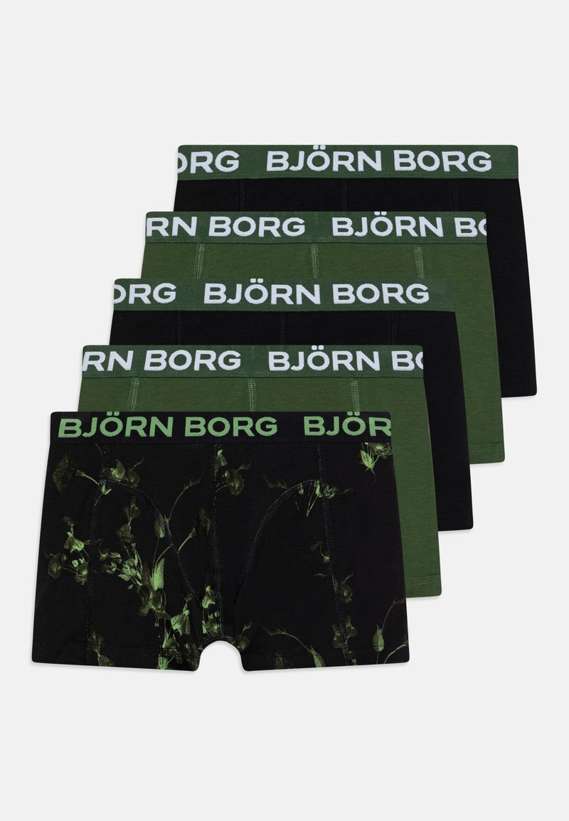 Četri bokseršortus pāri melnā, tumši zaļā un ar rakstainu melnu dizainu, kas rotāts ar zaļiem ziedu akcentiem; visi ar baltu "BJÖRN BORG" jostu.