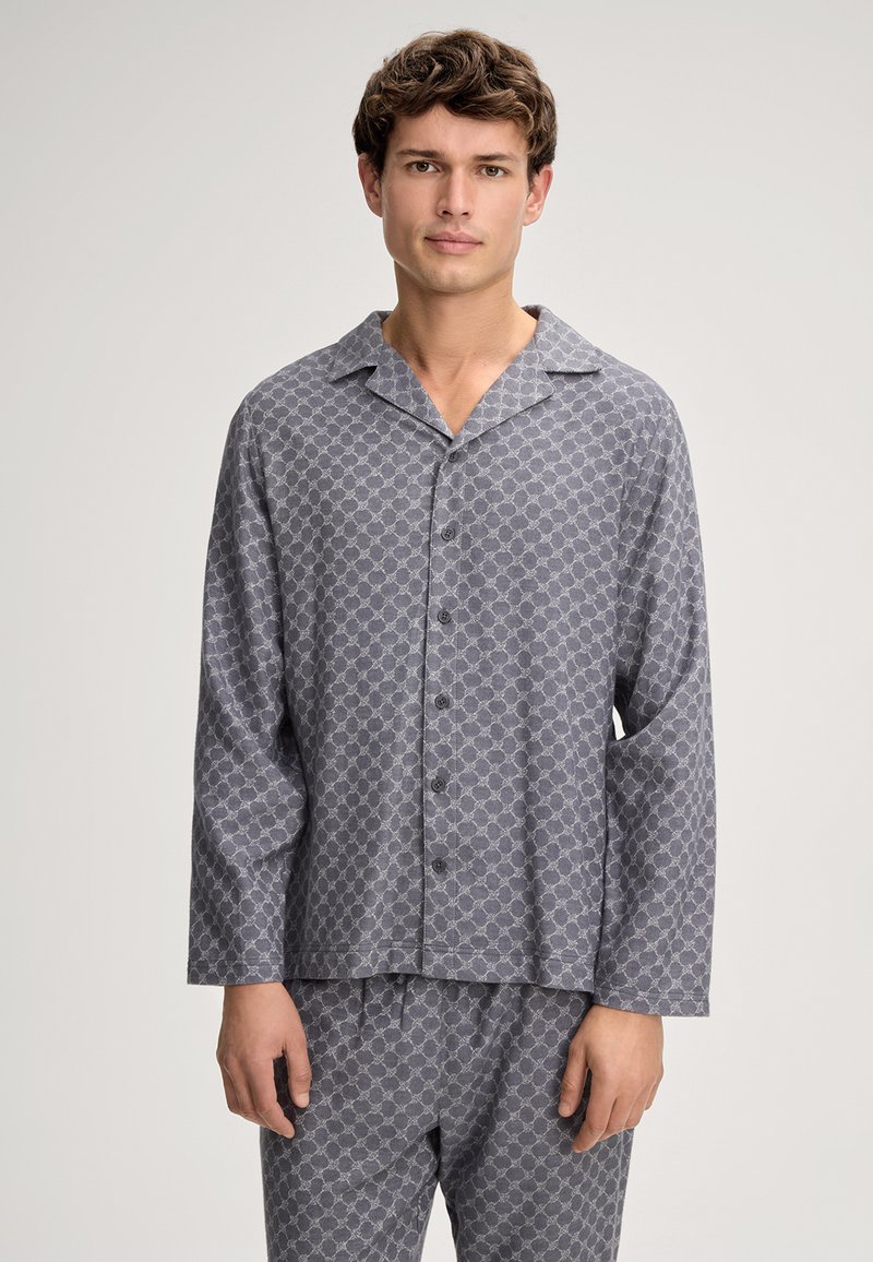 Gray patterned pajama set made of soft fabric, featuring a collared shirt with buttons and long sleeves, complemented by matching pants.